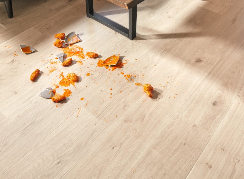 Spilled food on a waterproof kitchen floor